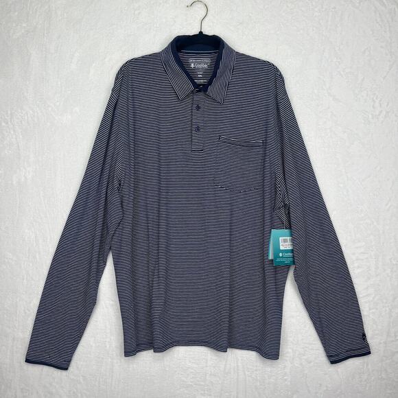 Coolibar Mens Merrit Long Sleeve Pocket Polo Shirt Blue White Striped UPF50‎ NWT - Picture 1 of 13